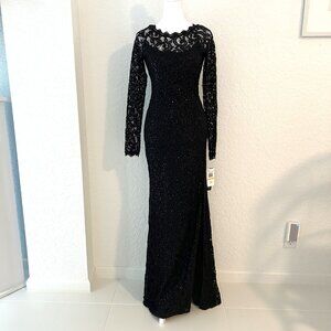 NWT Dillards Sequin Hearts Black Lace Sequin Scroll Floor Length Dress